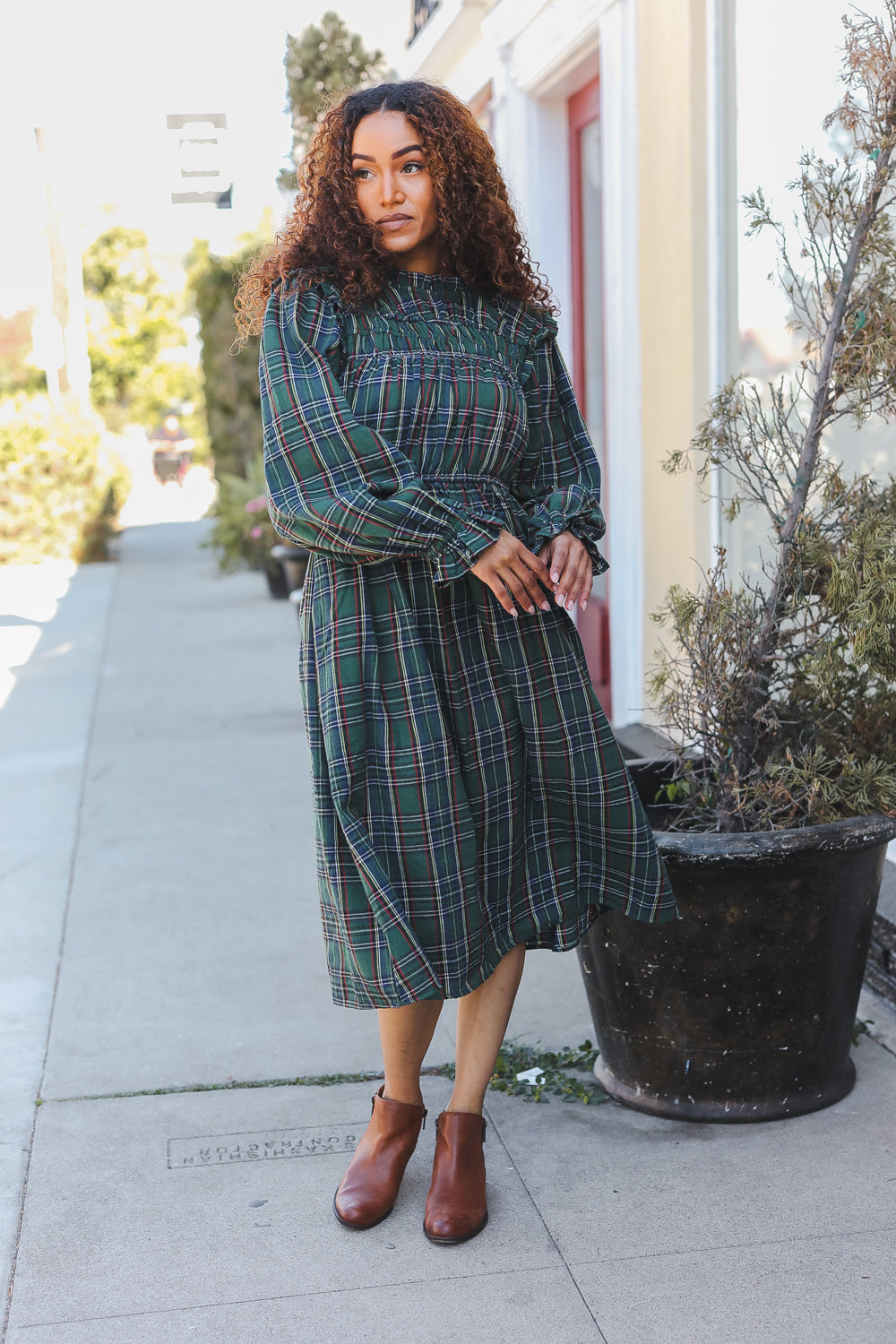 All I Want Hunter Green Plaid Check Woven Pocketed Dress