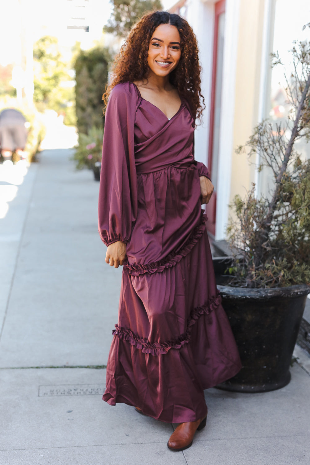 Holiday Vibes Wine Satin Front Overlap Smocked Back Maxi Dress