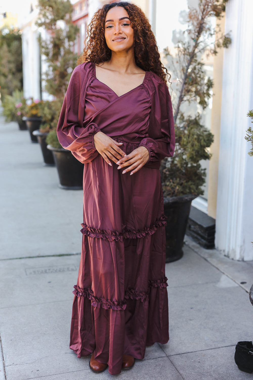 Holiday Vibes Wine Satin Front Overlap Smocked Back Maxi Dress