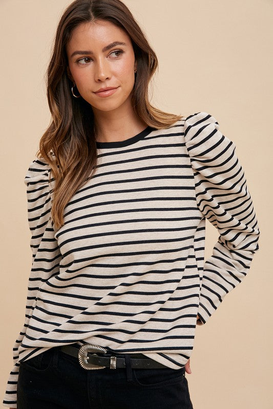 Annie Wear Striped Round Neck Puff Sleeve French Terry Top