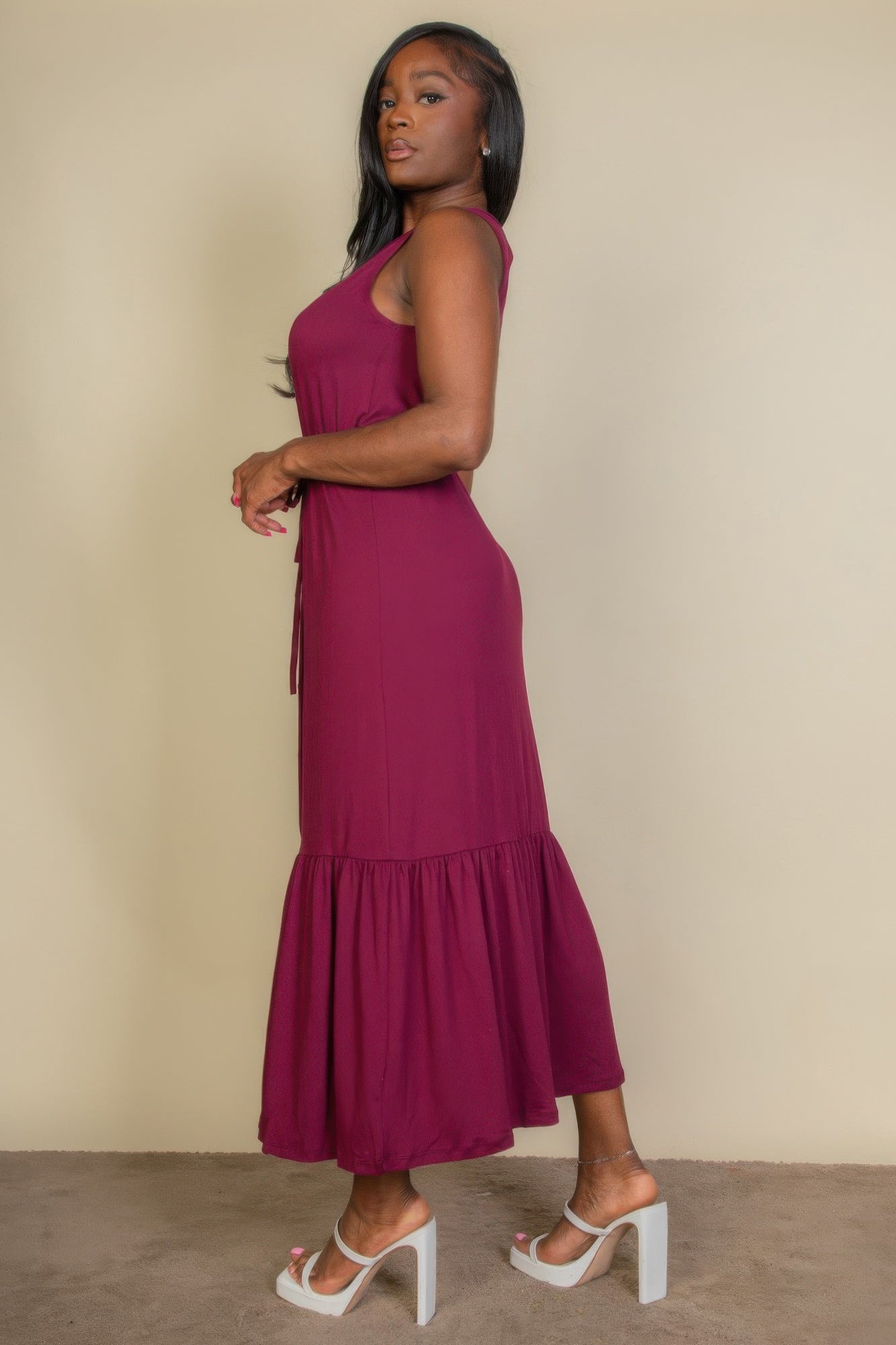 Button Front Tie Waist Sleeveless Maxi Dress