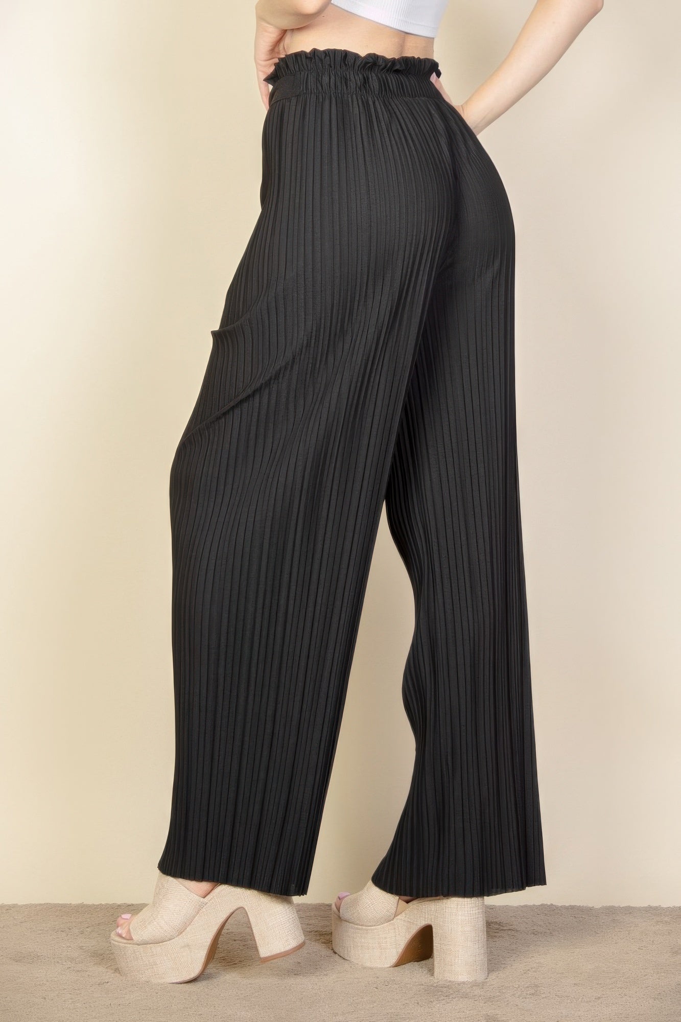 Pleated Stretch Crepe Pull-on Wide Leg Tie Front Pants