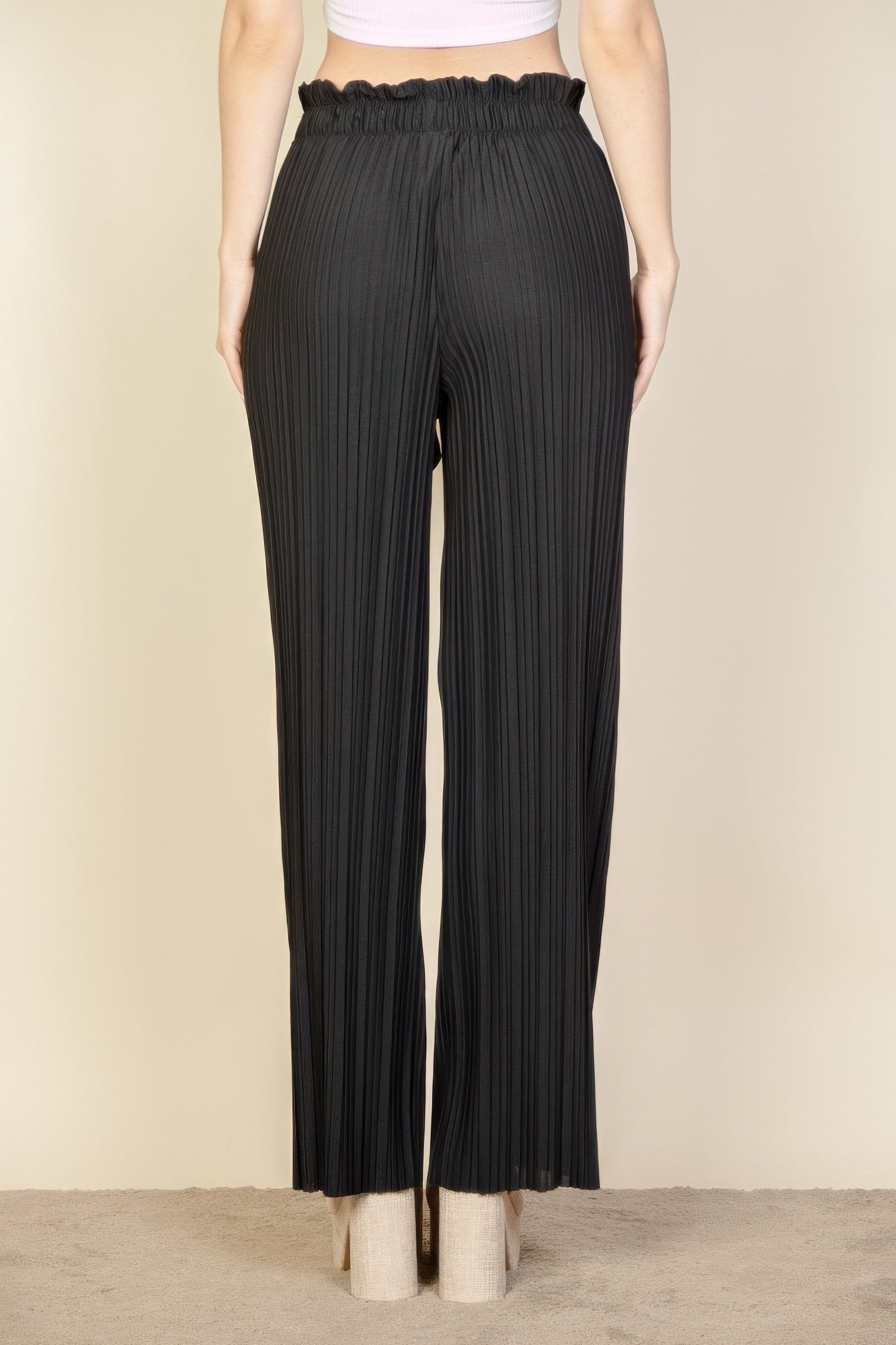 Pleated Stretch Crepe Pull-on Wide Leg Tie Front Pants