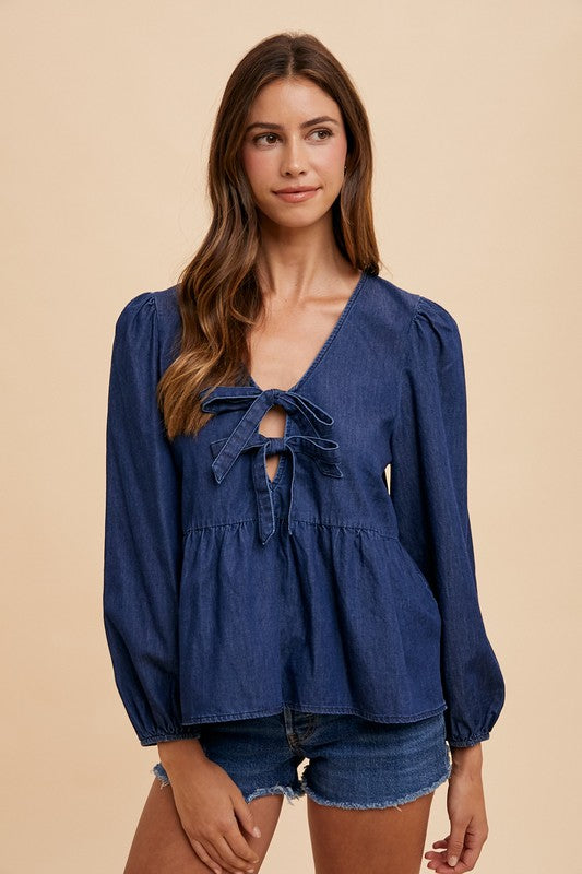 Annie Wear Tie Front Peplum Long Sleeve Denim Top